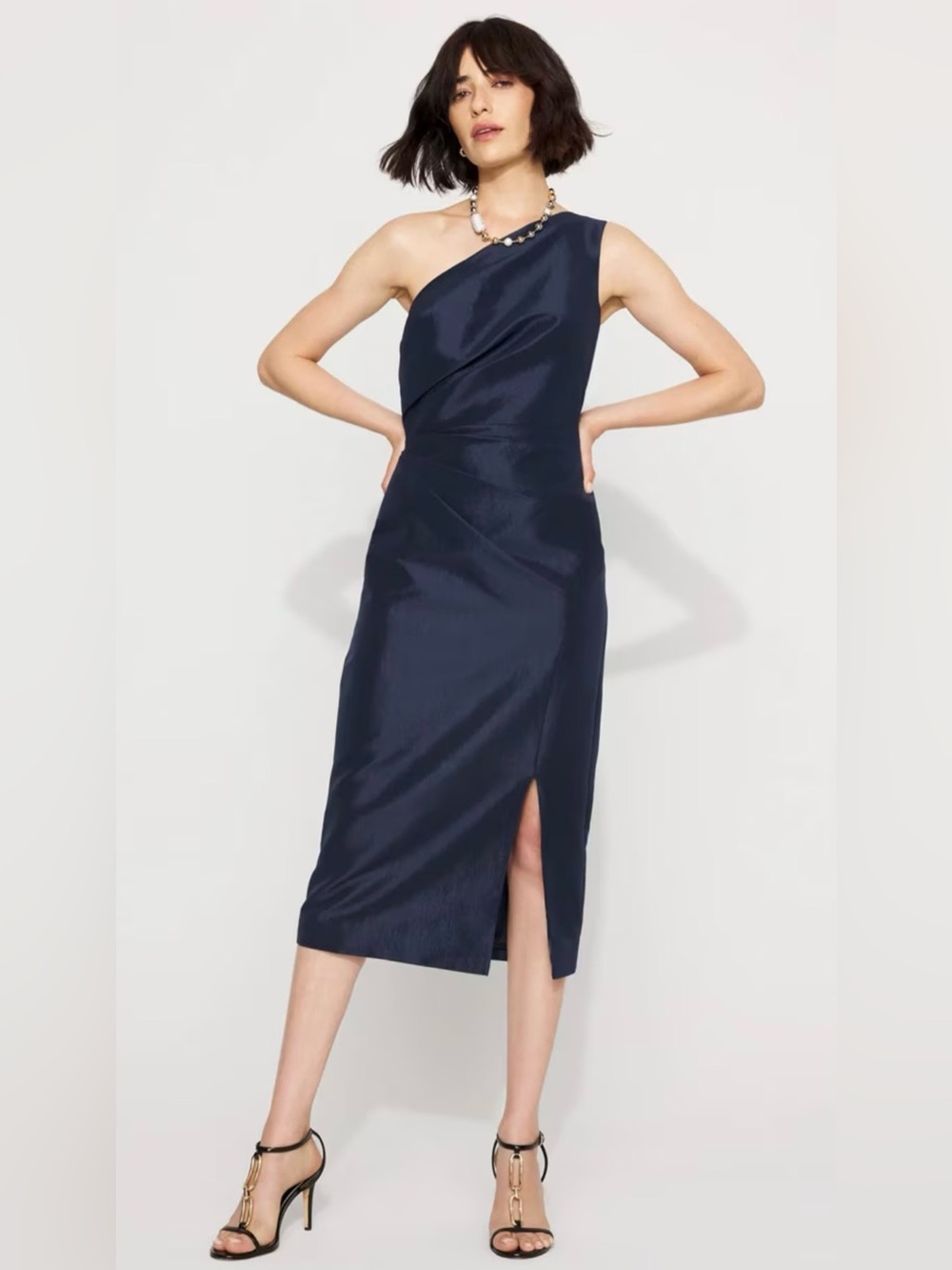 White House Black Market One-Shoulder Navy stretch taffeta Midi Dress size 4